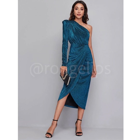 Teal Blue Lurex Sparkly Asymmetrical Draped Midi Dress - Picture 6 of 8